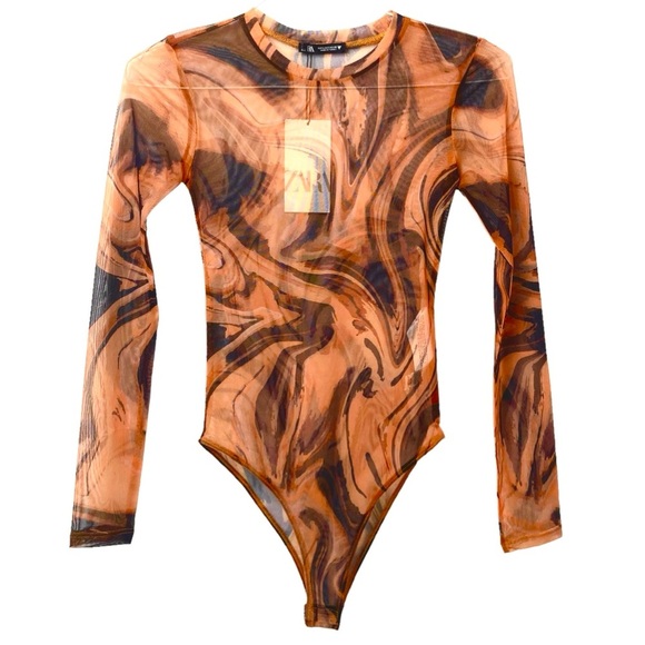 Zara NWT Sheer Mesh Marble Print Bodysuit Sz Small Long Sleeve  Brown - Picture 2 of 4